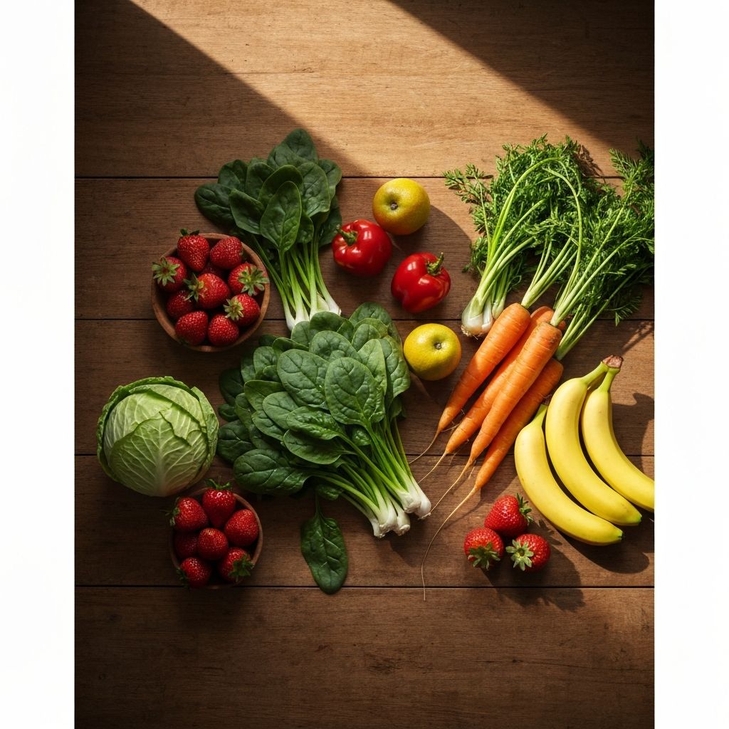 Fresh vegetables and fruits on wooden table